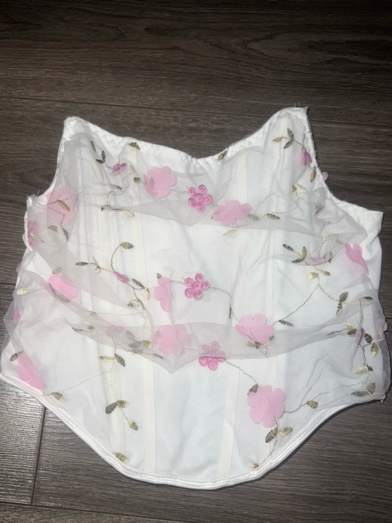 Other Tops - White Strapless Floral Mesh Corset Crop Top with Pink Appliqué